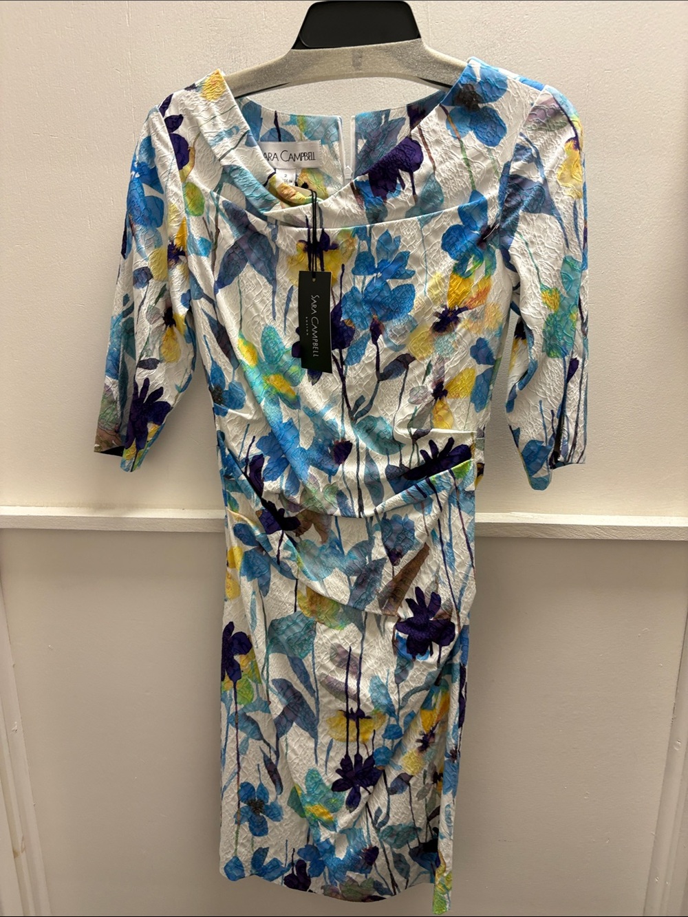 Sara Campbell White Floral Midi Dress with Blue & Purple Blooms